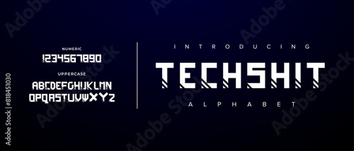 Techshit creative simple modern urban alphabet font. Digital abstract futuristic, logo, music, sport, minimal technology typography. Simple numeric vector illustration