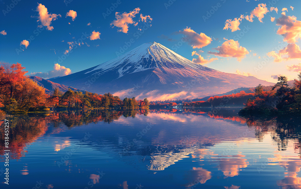 Stunning view of a partially snowy mountain with vibrant colors of fall foliage on the ground and reflections on the lake