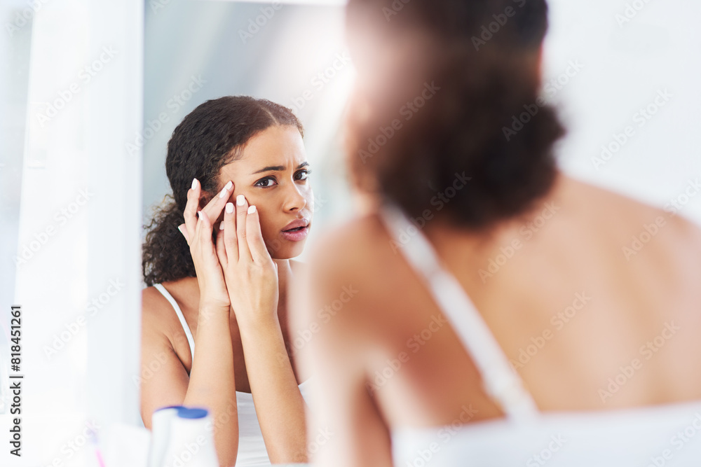 Woman, skincare and pimple acne in mirror reflection or dermatology problem, squeezing or morning. Female person, hands and popping in home with blackhead breakout with hygiene, unhappy or stress Woman, skincare and pimple acne in mirror reflection or dermatology problem, squeezing or morning. Female person, hands and popping in home with blackhead breakout with hygiene, unhappy or stress