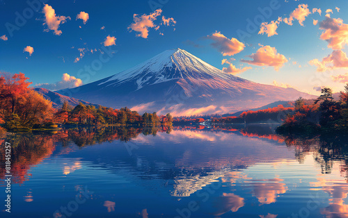 Stunning view of a partially snowy mountain with vibrant colors of fall foliage on the ground and reflections on the lake © K.A