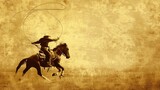 Vintage retro cowboy riding a horse and throwing a lasso in the wild west, with sepia tones, on a vintage paper background with a textured and grainy effect. Stock photo with 2/3 space for text.
