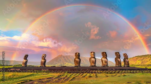 Moai statues on Easter Island with a rainbow arching over the ancient stone figures, offering clear space at the top for text photo