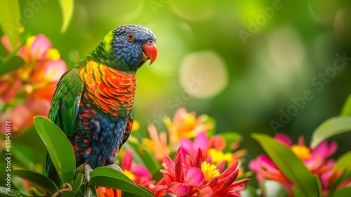 Parrot in a tropical rainforest, chirping on a vibrant, flower