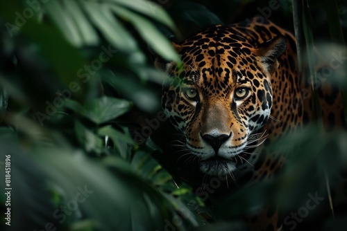 A jaguar lurking in the shadows of a dense jungle  eyes gleaming.