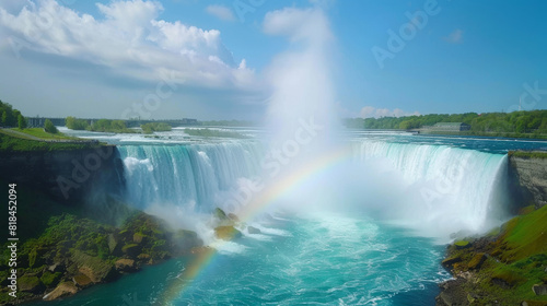 Niagara Falls with rainbow mist rising from the cascading water  providing space at the top for text