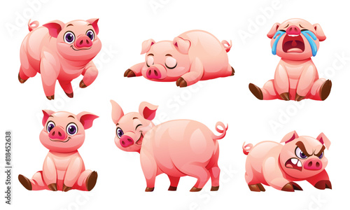 Collection of pig in various poses. Vector cartoon illustration