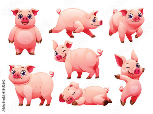 Set of pig in various poses. Vector cartoon illustration