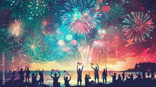 Vibrant illustration of a fireworks display over a beach with people celebrating and waving United States flags