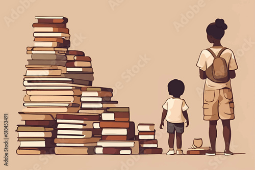 illustration of a pile of books next to a child who is standing looking at books as a reflection of the future