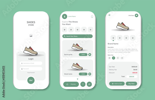 Online shoe store design for mobile applications. Graphical user interface for responsive mobile applications