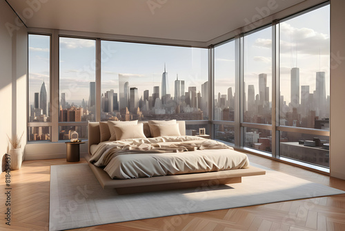 Beige sleeping room  bed with parquet floor. Minimalist design of bedroom with coffee table  windows with city view  3D rendering no people