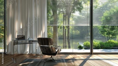 White curtain or blinds serving as sun protection in an office with a view of the garden