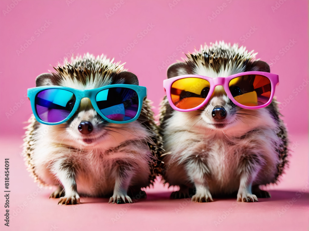 A playful advertisement featuring a group of hedgehog friends wearing trendy sunglasses, set against a vibrant pastel background. Ideal for commercial or editorial use.