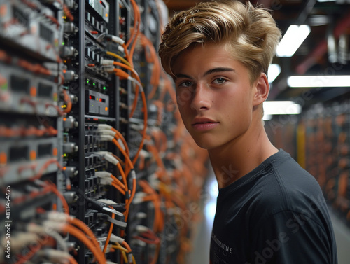 A pensive teenager with blonde hair stands next to server racks in a data center environment