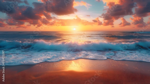 A beautiful sunset over the ocean, with waves crashing against the shore and vibrant colors in the sky.  © horizor
