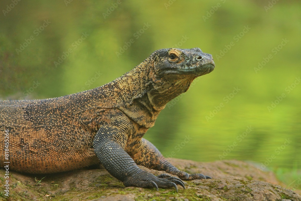 portrait of a Komodo dragon basking on a rock portrait of a Komodo dragon basking on a rock