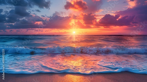 A beautiful sunset over the ocean, with waves crashing against the shore and vibrant colors in the sky. 