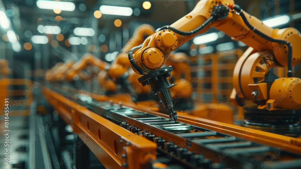 Smart factory technology in a manufacturing process, featuring industrial robotics and automation Smart factory technology in a manufacturing process, featuring industrial robotics and automation