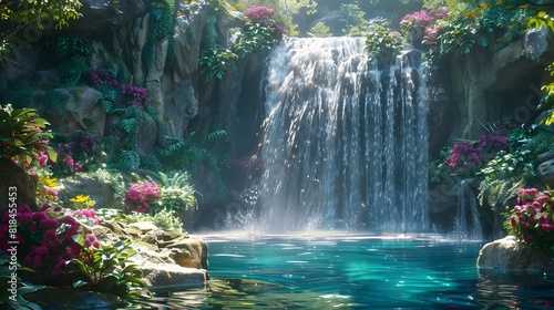 A beautiful waterfall cascades down the side of an enchanted garden, surrounded by vibrant flowers and lush greenery.
 photo