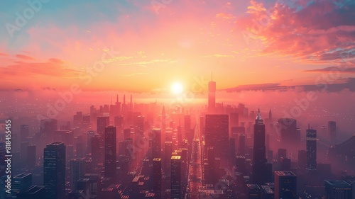 Sunrise over a futuristic cityscape with soft orange and pink hues dominating