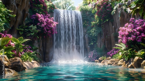 A beautiful waterfall cascades down the side of an enchanted garden  surrounded by vibrant flowers and lush greenery. 
