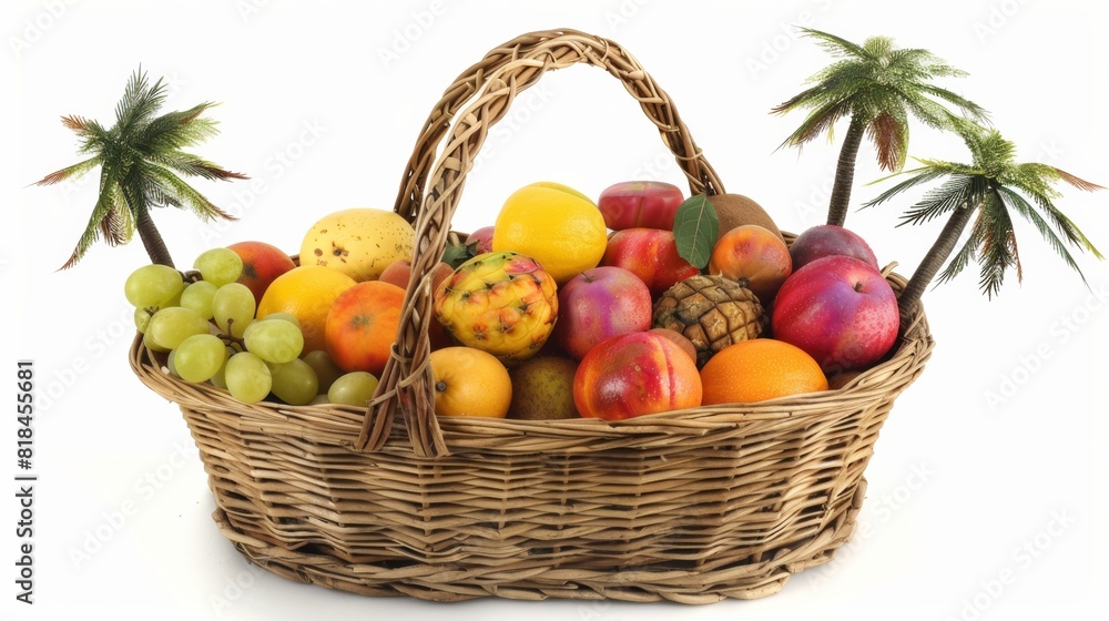 A wicker basket filled with various colorful fruits and small decorative palm trees, creating a vibrant and tropical display. A wicker basket filled with various colorful fruits and small decorative palm trees, creating a vibrant and tropical display.