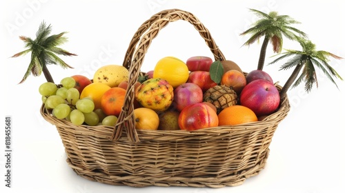 A wicker basket filled with various colorful fruits and small decorative palm trees, creating a vibrant and tropical display.