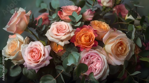 A bouquet of roses in various shades  including pink and peach  with eucalyptus leaves wrapped around the base. 