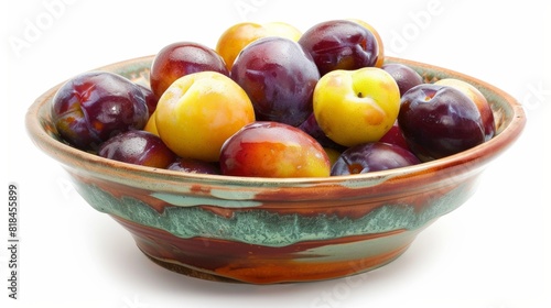 A ceramic bowl filled with ripe, colorful plums, showcasing a variety of purple and yellow hues.