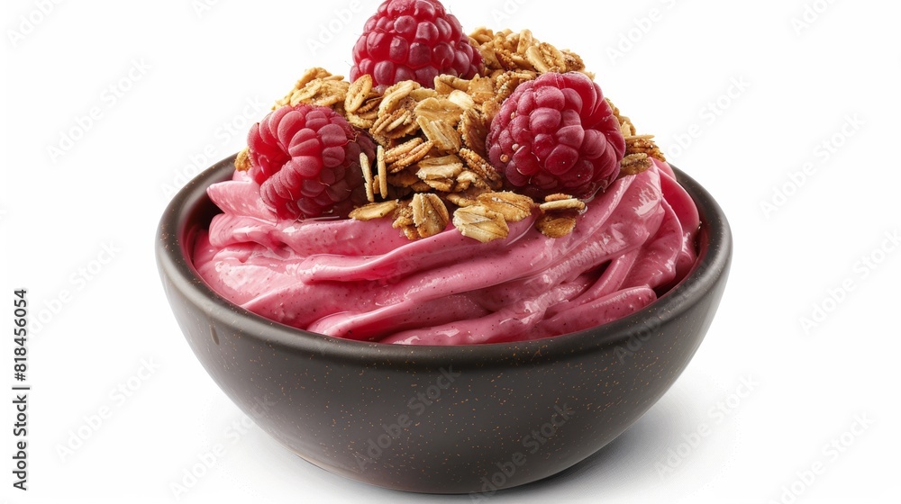 A bowl of creamy raspberry yogurt topped with fresh raspberries and crunchy granola, creating a delicious and healthy snack. A bowl of creamy raspberry yogurt topped with fresh raspberries and crunchy granola, creating a delicious and healthy snack.