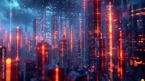 A cityscape made of glowing data points and bar graphs, symbolizing the beauty in numbers.  © horizor