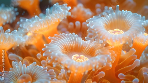 Anemones in the sea, their vibrant orange and white colors creating intricate patterns that shimmer under water light. 