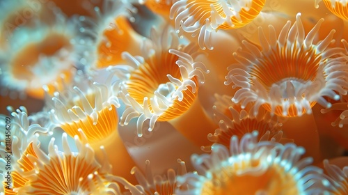 Anemones in the sea, their vibrant orange and white colors creating intricate patterns that shimmer under water light. 