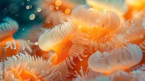Anemones in the sea, their vibrant orange and white colors creating intricate patterns that shimmer under water light. 