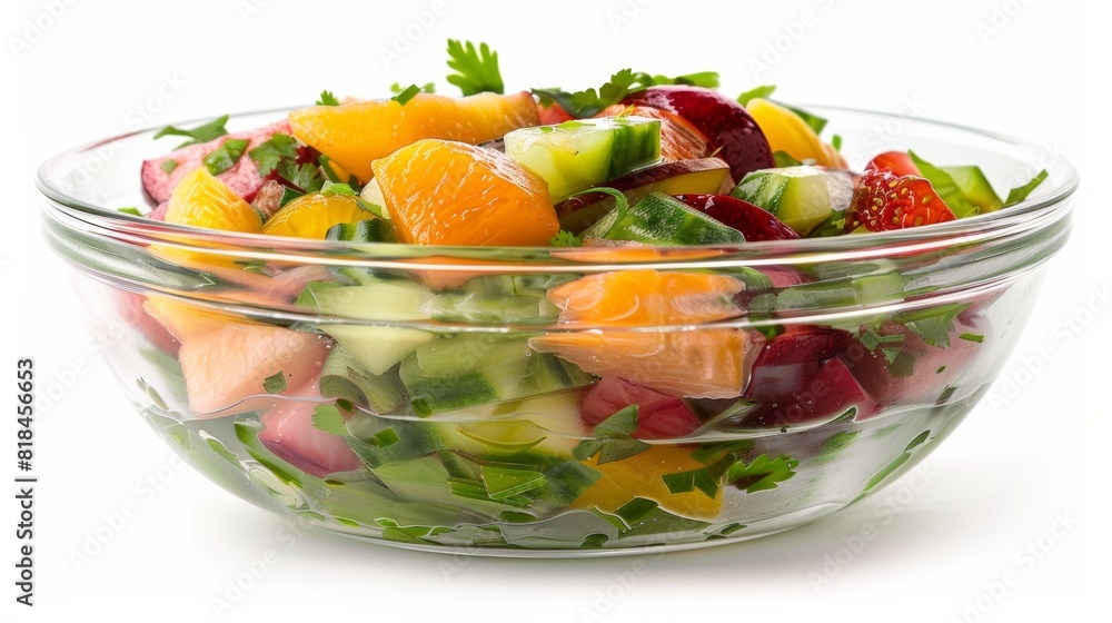 Fresh and vibrant summer fruit salad in a glass bowl, featuring peaches, cucumbers, and assorted mixed fruits with herbs. Fresh and vibrant summer fruit salad in a glass bowl, featuring peaches, cucumbers, and assorted mixed fruits with herbs.