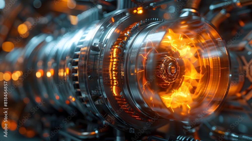 The quantum jet engine, with its glowing core and intricate design, set against an industrial background.
The quantum jet engine, with its glowing core and intricate design, set against an industrial background.