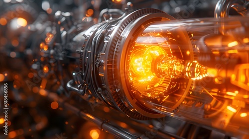 The quantum jet engine, with its glowing core and intricate design, set against an industrial background.  © horizon