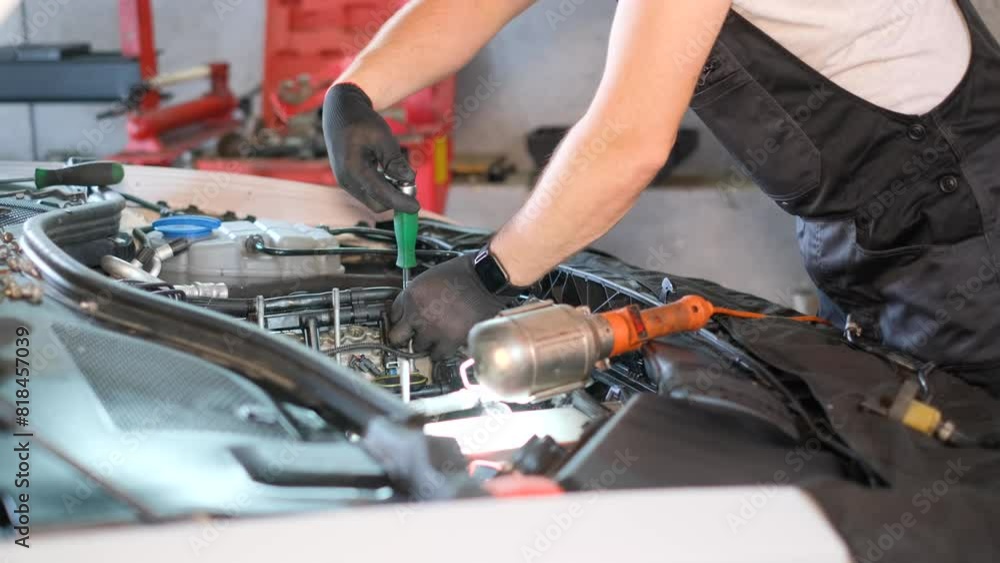 Mechanic fixing car engine in garage. Auto repair in progress Mechanic fixing car engine in garage. Auto repair in progress