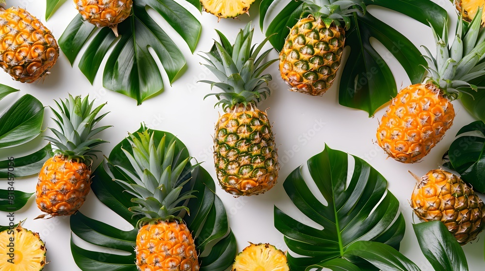 A flat lay composition of pineapples and tropical leaves on a white background, showcasing the juicy fruit's texture and natural beauty.
A flat lay composition of pineapples and tropical leaves on a white background, showcasing the juicy fruit's texture and natural beauty.