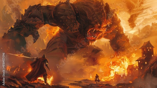 An illustration painting in the style of digital art, depicting a knight facing the lava demon in hell