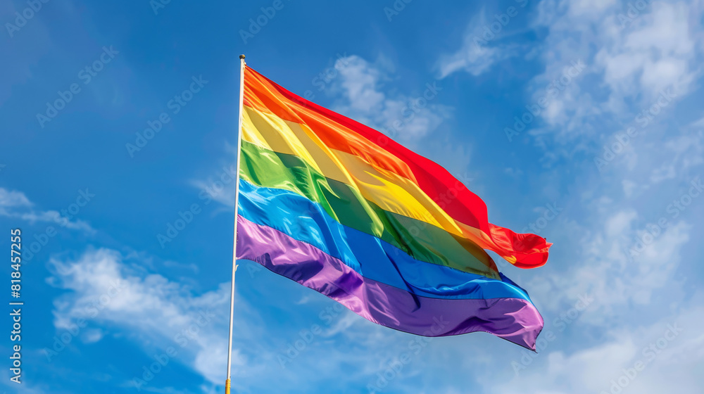 Colorful rainbow flag waving against a blue sky during Colorful rainbow flag waving against a blue sky during