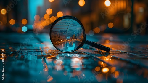 A magnifying glass over newspaper clippings, reflecting the city lights in its surface, symbolizing search and discovery.
 photo