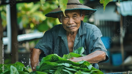 Farmer washing green leaves at the farm