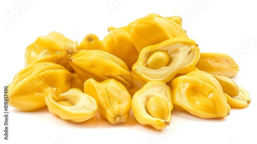 A pile of fresh, ripe jackfruit pods isolated on a white background, showcasing their vibrant yellow color and seed-filled centers.