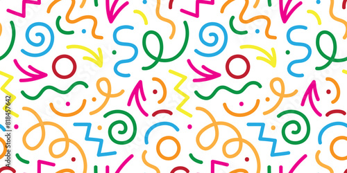 fun colorful line doodle seamless pattern. Creative abstract art background collection for children or festive celebration design. Simple childish scribble wallpaper print texture bundle.