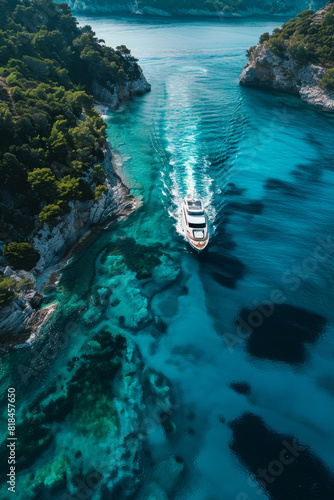 Aerial shot of a yacht cutting through turquoise waters, skirted by lush green cliffs.