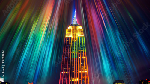 Empire State Building illuminated with dynamic rainbow hues, featuring space at the top for text