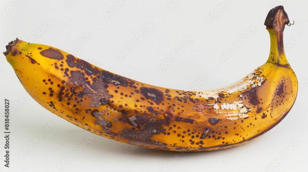 A ripe, partially spoiling banana with brown spots on its peel, isolated against a white background.