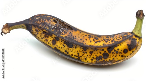 A ripe, blackened banana with significant brown spots and imperfections, isolated on a white background.