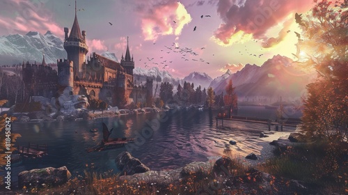 A majestic medieval castle beside a serene lake  surrounded by mountains  under a dramatic  colorful sunset sky filled with birds.